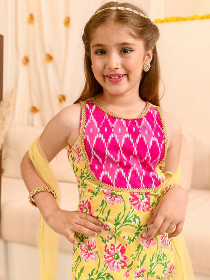 Buy Girls Yellow, Pink & Green Floral Printed Cotton Kurta with Sharara & Dupatta - Indiaista