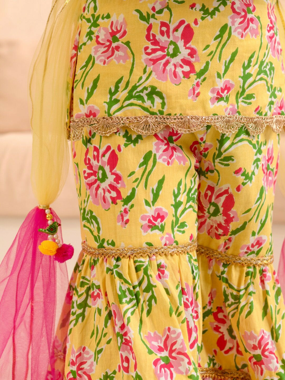 Buy Girls Yellow, Pink & Green Floral Printed Cotton Kurta with Sharara & Dupatta - Indiaista