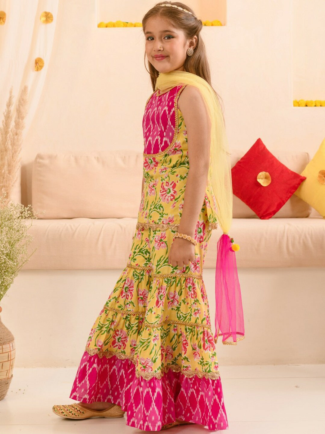 Buy Girls Yellow, Pink & Green Floral Printed Cotton Kurta with Sharara & Dupatta - Indiaista