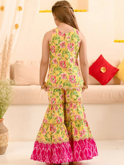 Buy Girls Yellow, Pink & Green Floral Printed Cotton Kurta with Sharara & Dupatta - Indiaista