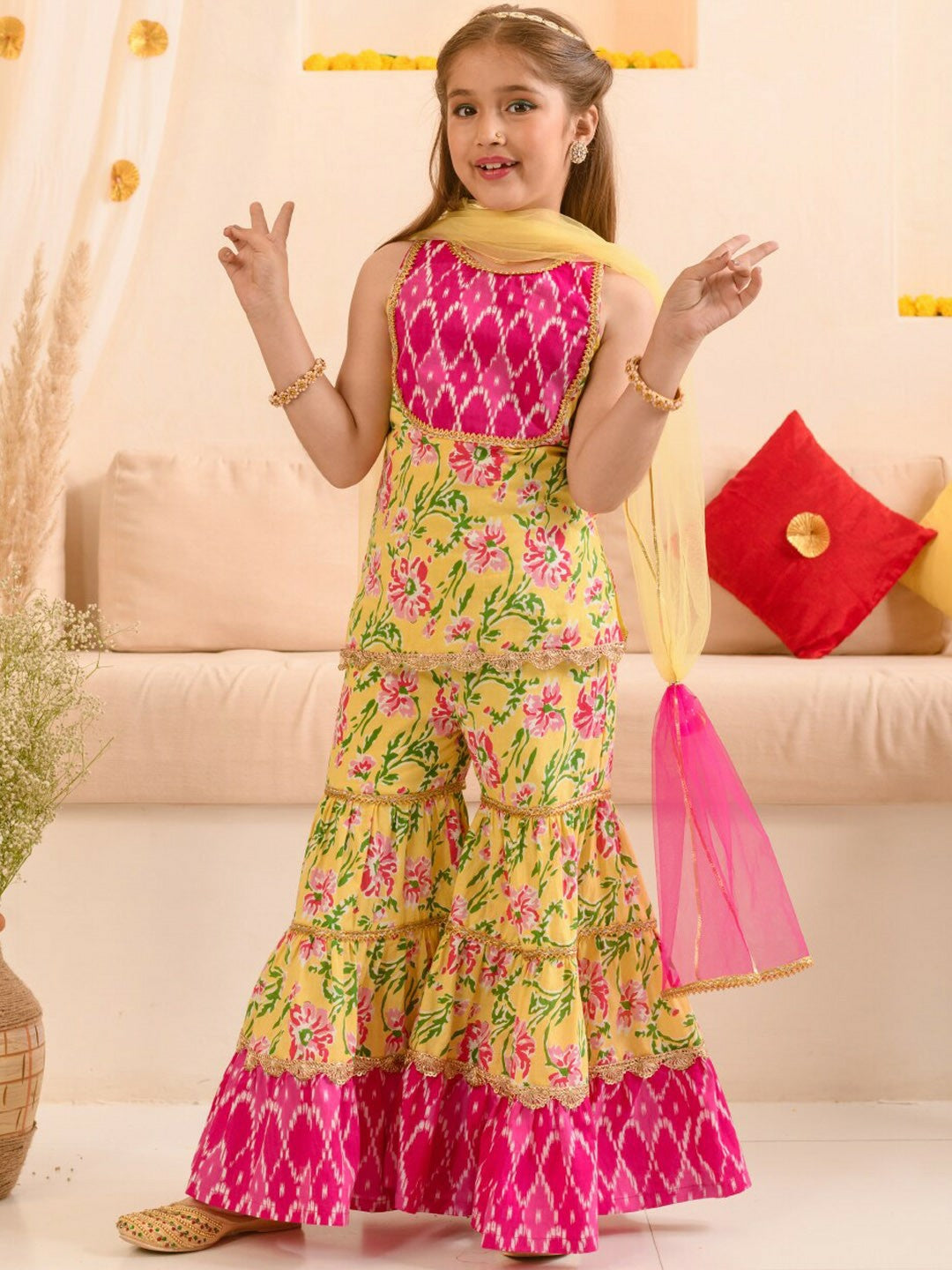 Buy Girls Yellow, Pink & Green Floral Printed Cotton Kurta with Sharara & Dupatta - Indiaista