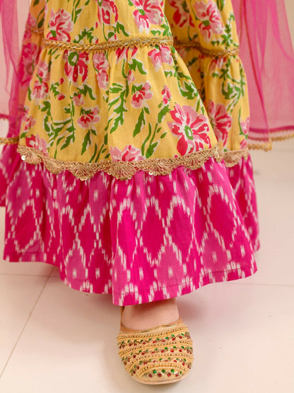 Buy Girls Yellow, Pink & Green Floral Printed Cotton Kurta with Sharara & Dupatta - Indiaista