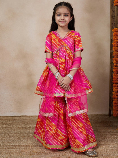 Buy Magenta & Red Striped Girls Kurti with Sharara & Dupatta | Indiaista