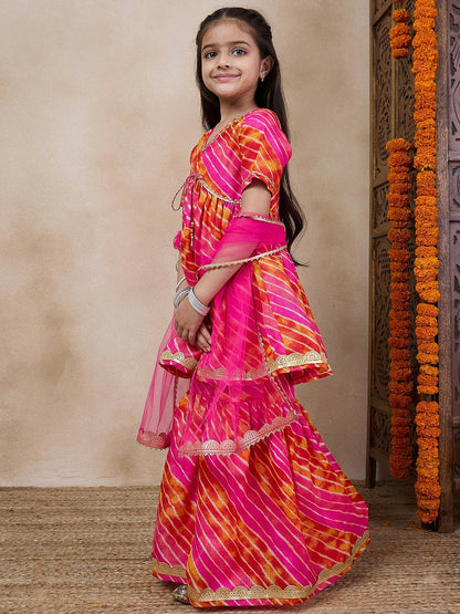 Buy Magenta & Red Striped Girls Kurti with Sharara & Dupatta | Indiaista