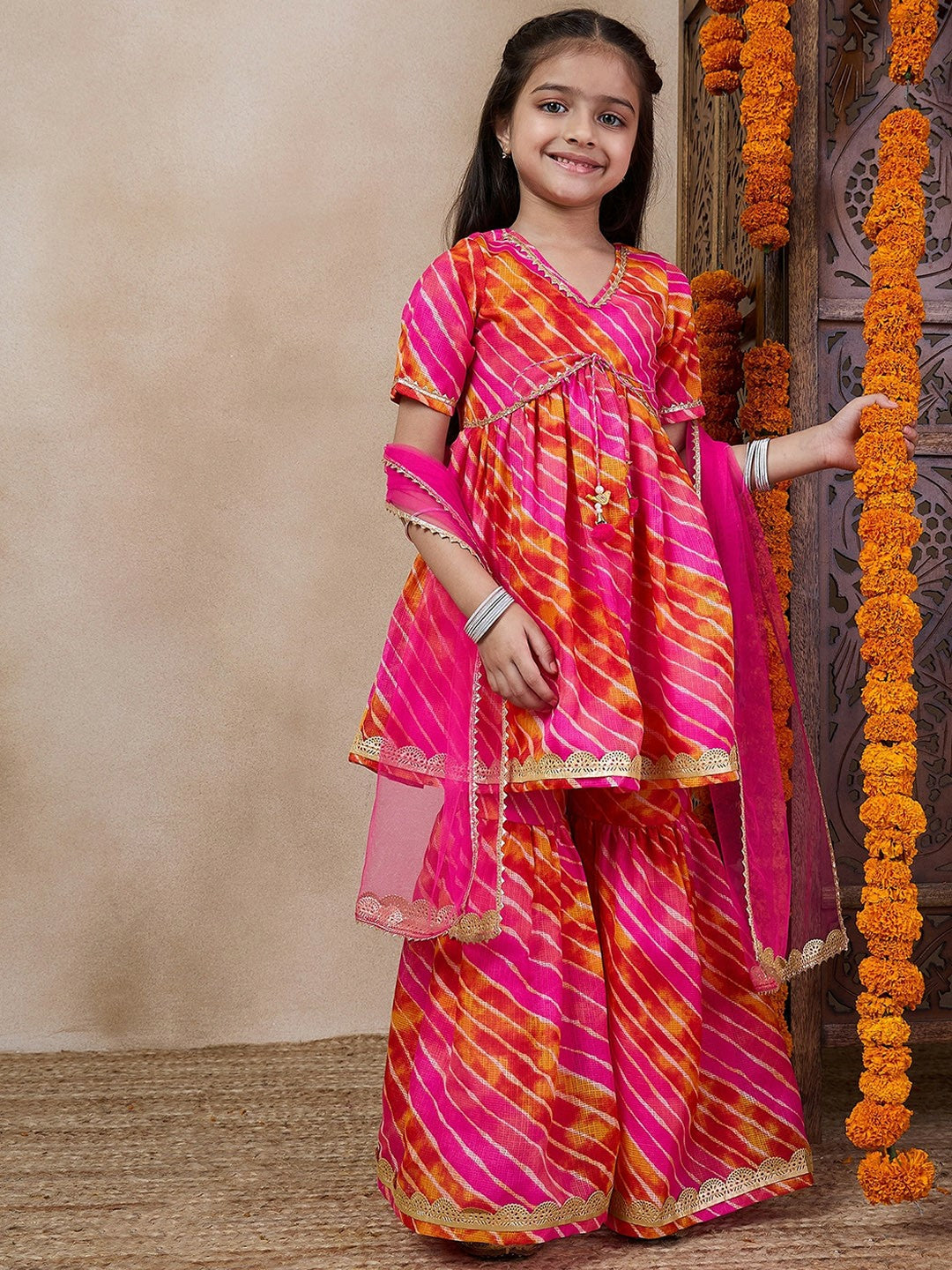 Buy Magenta & Red Striped Girls Kurti with Sharara & Dupatta | Indiaista