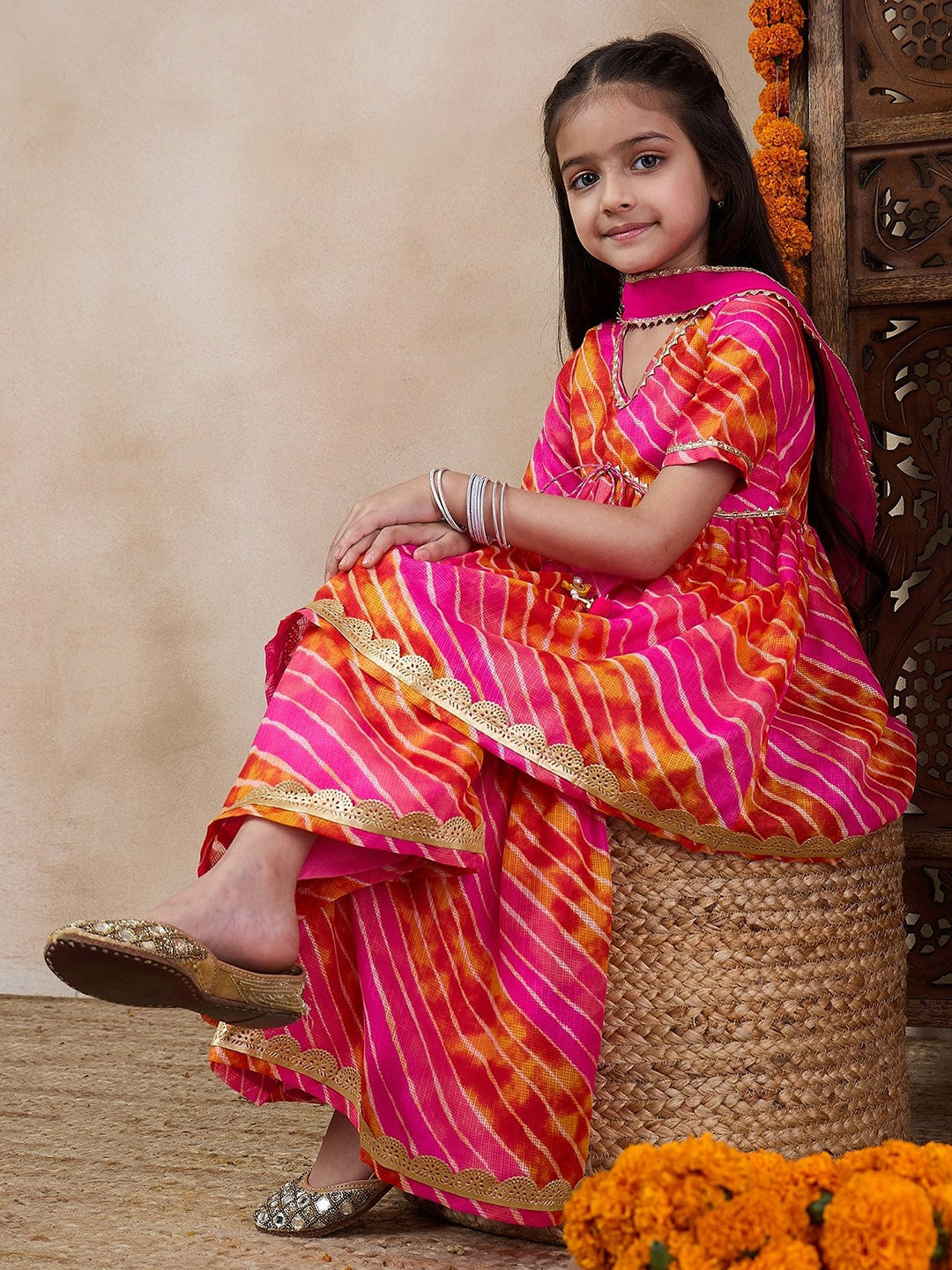 Buy Magenta & Red Striped Girls Kurti with Sharara & Dupatta | Indiaista