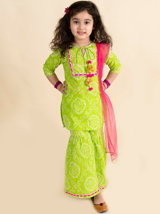 Green & Pink Bandhani Embroidered Kurta with Sharara & Dupatta – Ethnic Elegance