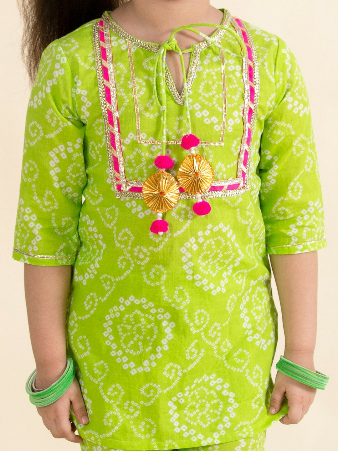 Green & Pink Bandhani Embroidered Kurta with Sharara & Dupatta – Ethnic Elegance