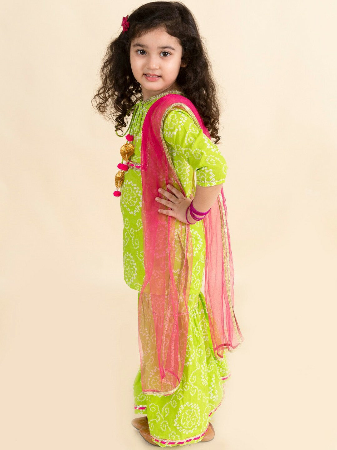 Green & Pink Bandhani Embroidered Kurta with Sharara & Dupatta – Ethnic Elegance