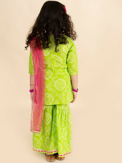 Green & Pink Bandhani Embroidered Kurta with Sharara & Dupatta – Ethnic Elegance