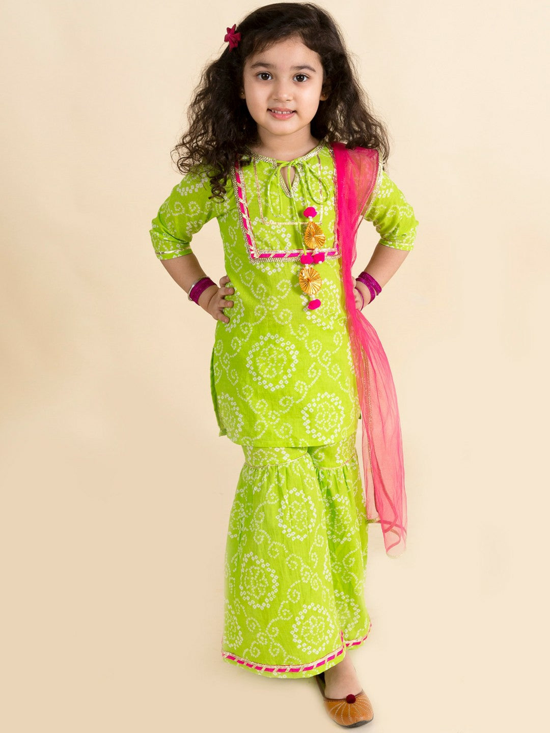 Green & Pink Bandhani Embroidered Kurta with Sharara & Dupatta – Ethnic Elegance