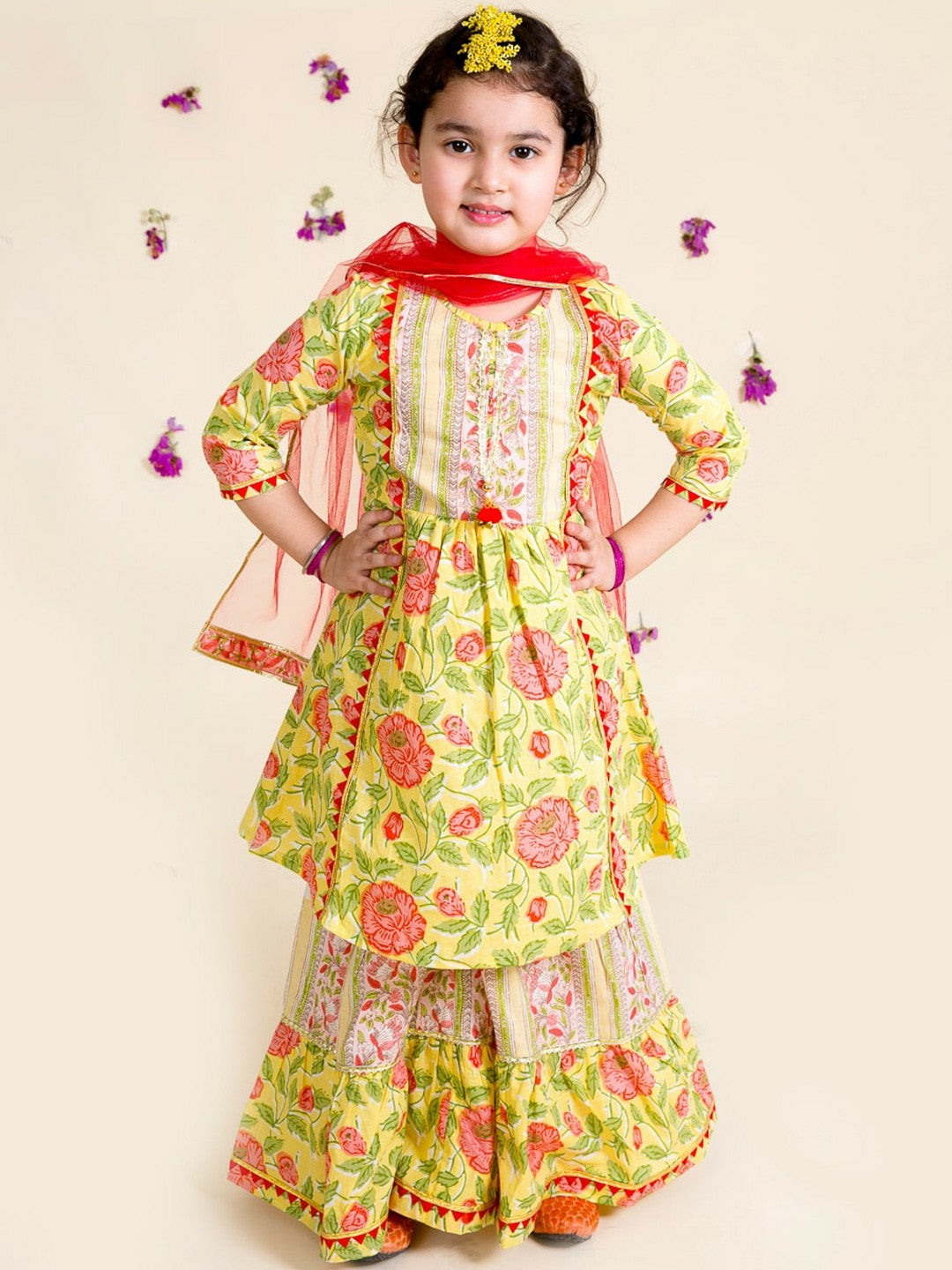 Buy Girls Yellow Floral Printed Cotton Kurta with Sharara & Dupatta – Indiaista