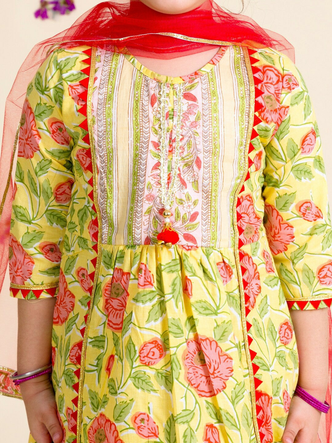 Buy Girls Yellow Floral Printed Cotton Kurta with Sharara & Dupatta – Indiaista