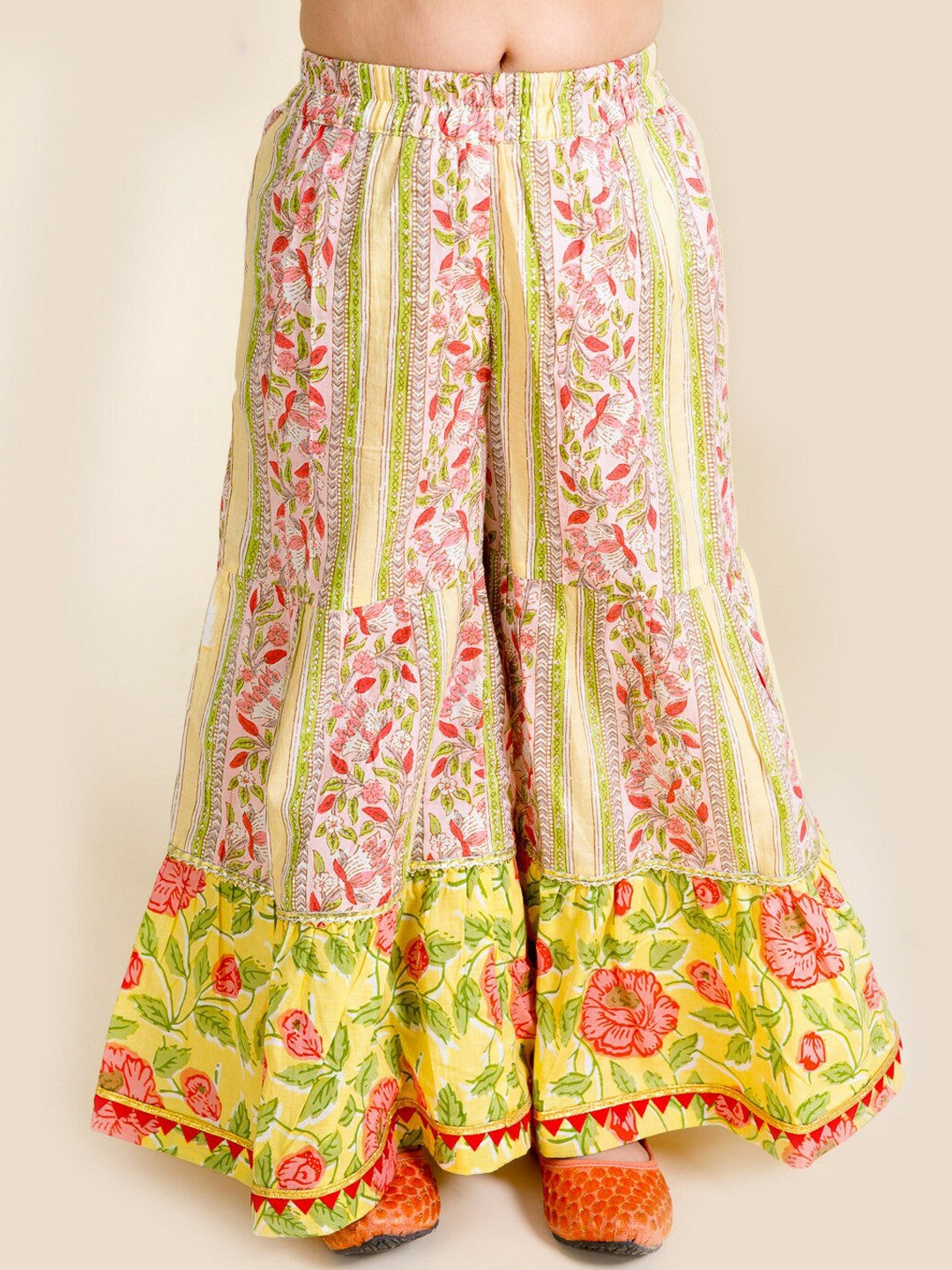 Buy Girls Yellow Floral Printed Cotton Kurta with Sharara & Dupatta – Indiaista