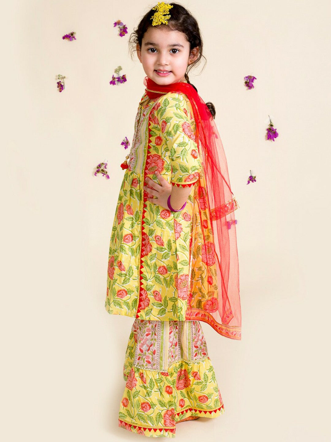 Buy Girls Yellow Floral Printed Cotton Kurta with Sharara & Dupatta – Indiaista