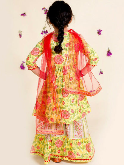 Buy Girls Yellow Floral Printed Cotton Kurta with Sharara & Dupatta – Indiaista