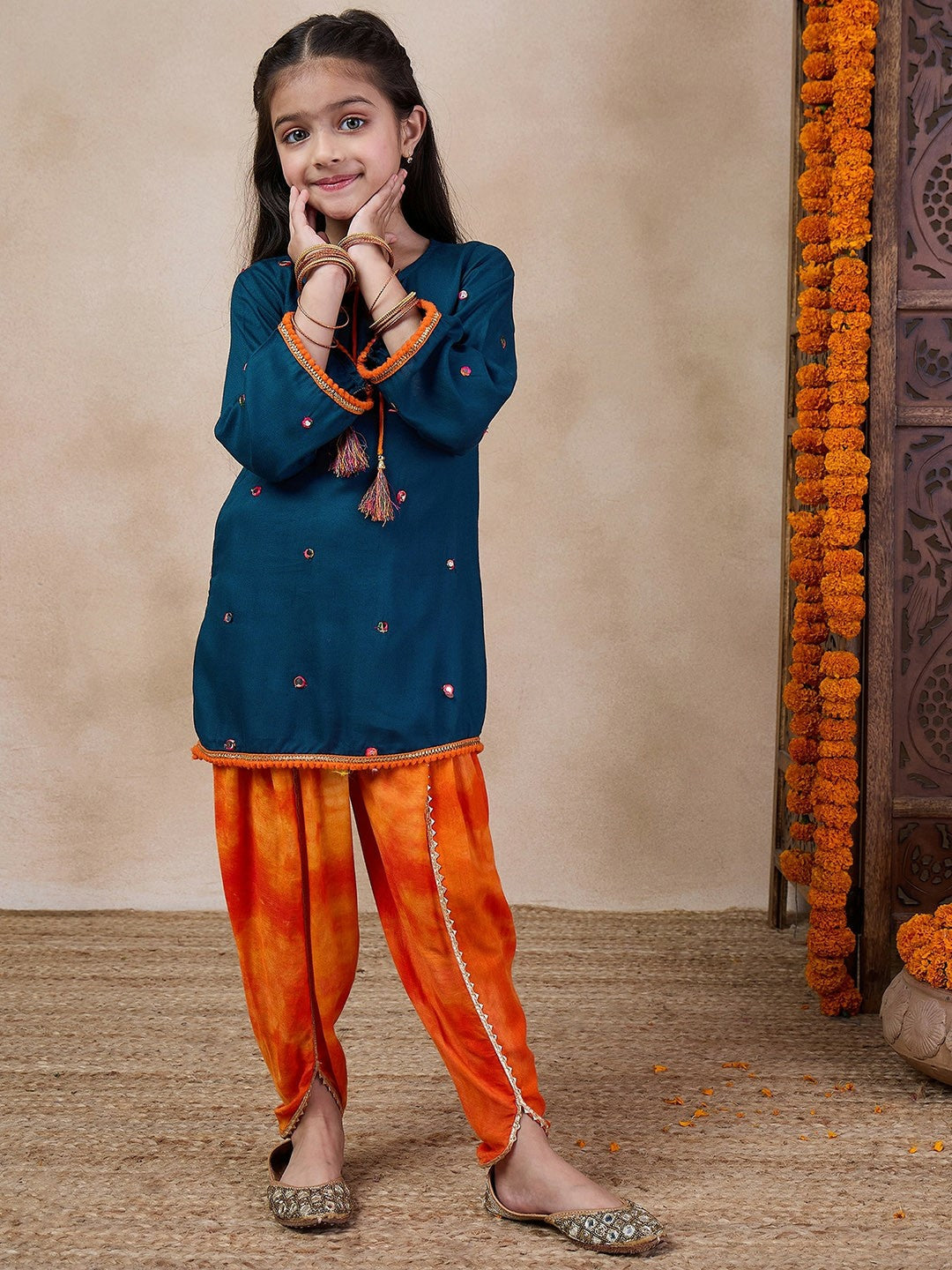 Buy Girls' Embroidered Tie-Up Neck Mirror Work Kurta with Dhoti Pants – Blue & Orange | Indiaista