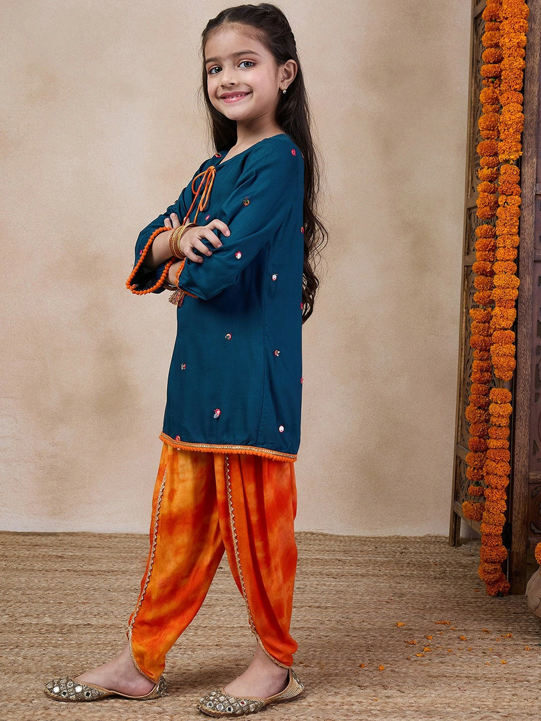 Buy Girls' Embroidered Tie-Up Neck Mirror Work Kurta with Dhoti Pants – Blue & Orange | Indiaista