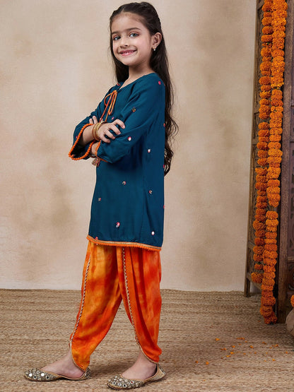 Buy Girls' Embroidered Tie-Up Neck Mirror Work Kurta with Dhoti Pants – Blue & Orange | Indiaista