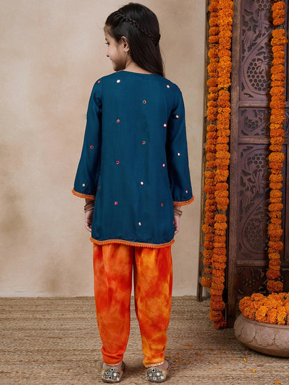 Buy Girls' Embroidered Tie-Up Neck Mirror Work Kurta with Dhoti Pants – Blue & Orange | Indiaista