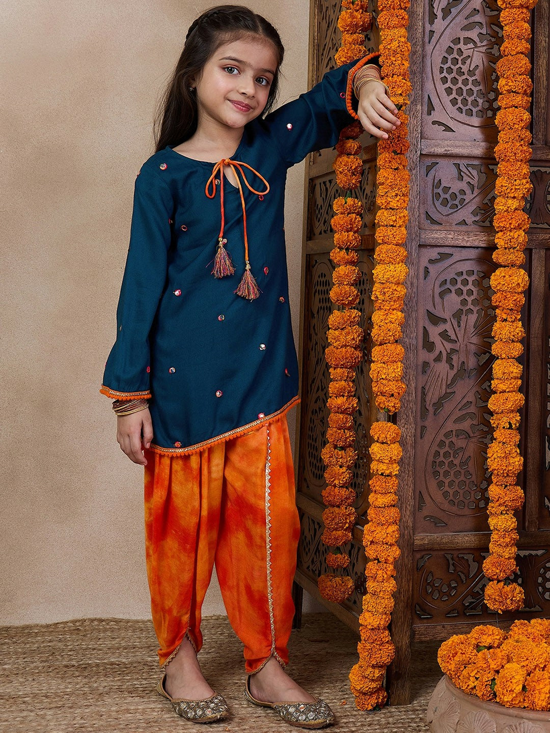 Buy Girls' Embroidered Tie-Up Neck Mirror Work Kurta with Dhoti Pants – Blue & Orange | Indiaista