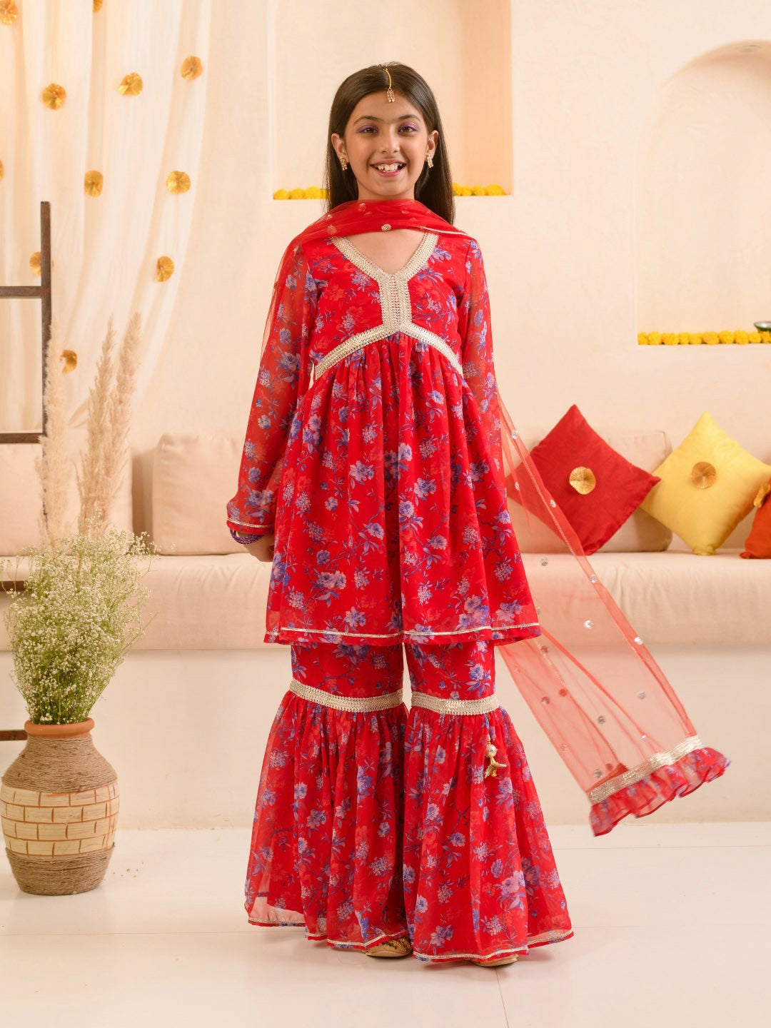 Buy Girls' Floral Printed Kurta & Sharara Set with Dupatta - Red | Indiaista