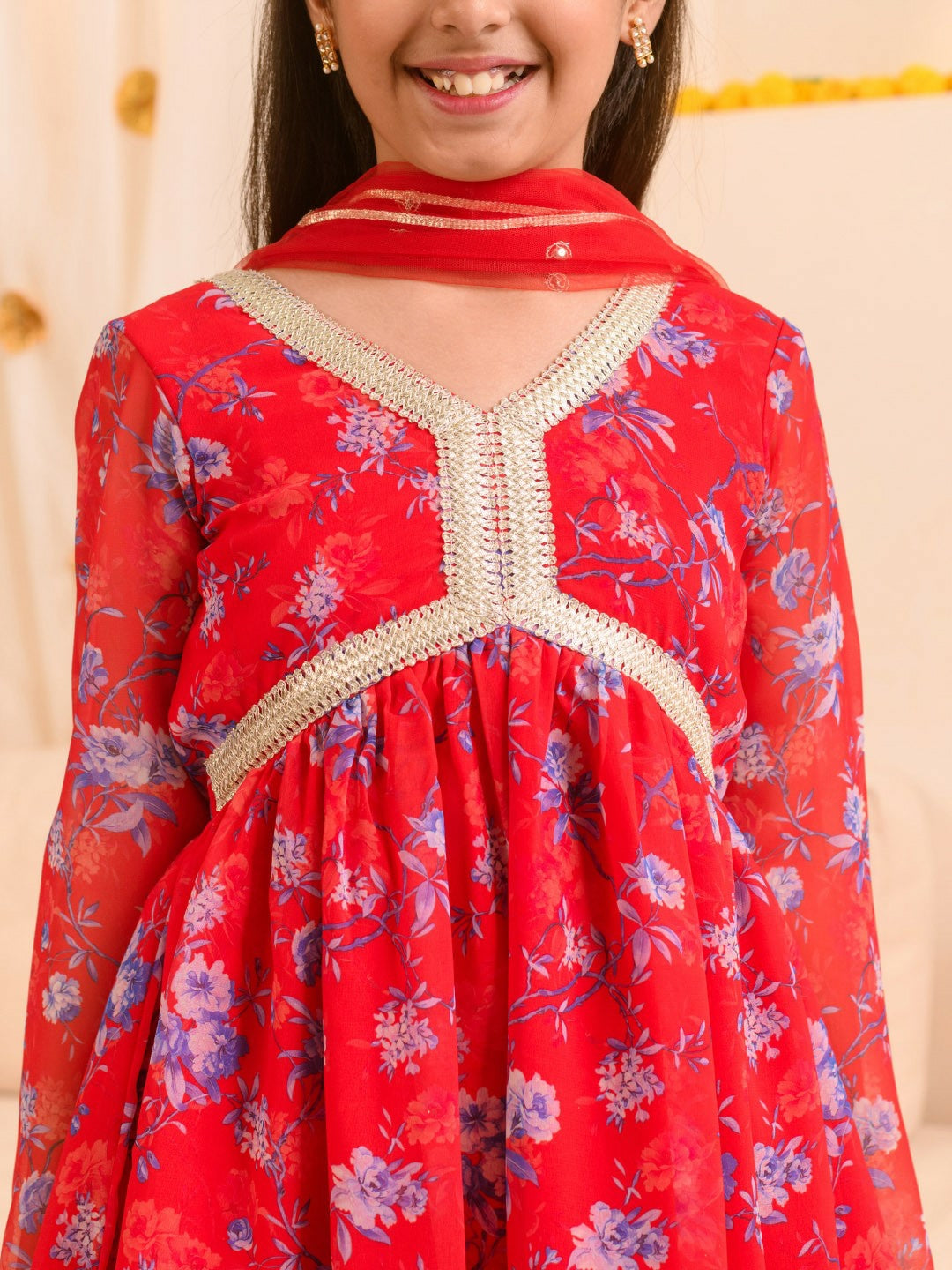 Buy Girls' Floral Printed Kurta & Sharara Set with Dupatta - Red | Indiaista