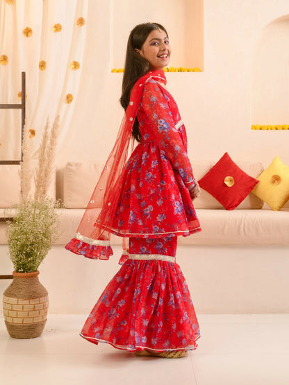 Buy Girls' Floral Printed Kurta & Sharara Set with Dupatta - Red | Indiaista