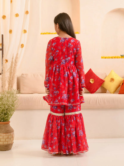 Buy Girls' Floral Printed Kurta & Sharara Set with Dupatta - Red | Indiaista