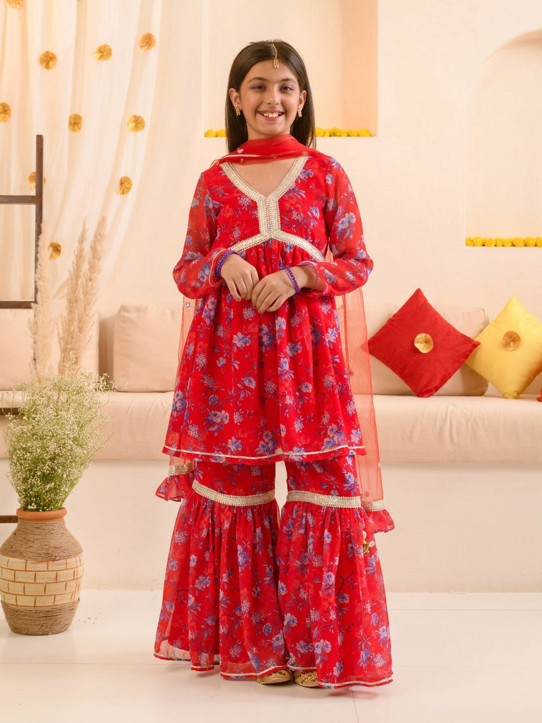 Buy Girls' Floral Printed Kurta & Sharara Set with Dupatta - Red | Indiaista