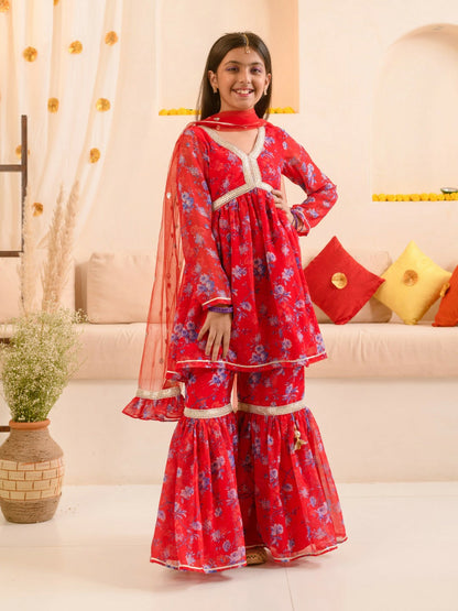 Buy Girls' Floral Printed Kurta & Sharara Set with Dupatta - Red | Indiaista