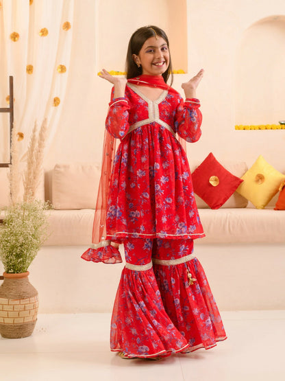 Buy Girls' Floral Printed Kurta & Sharara Set with Dupatta - Red | Indiaista