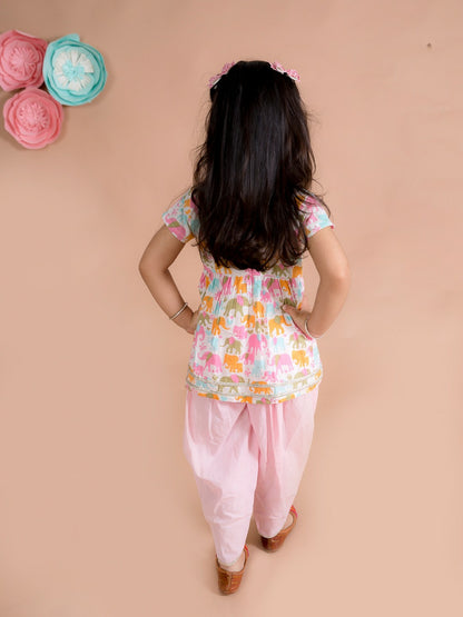 White & Pink Ethnic Printed Kurti with Solid Dhoti Pants – Elegant Cotton Set