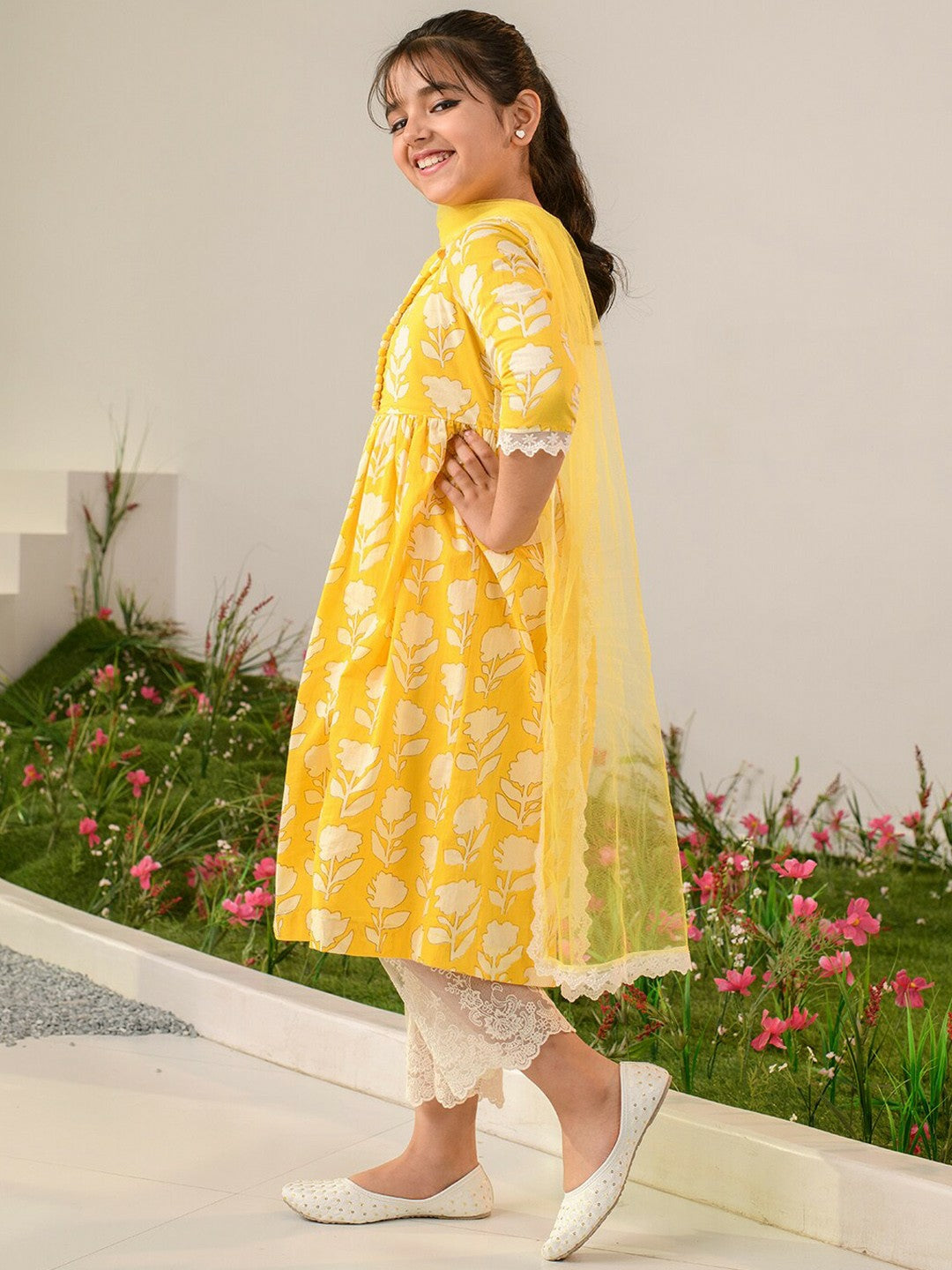 Buy Yellow Floral Printed Girls Kurta Set with Trousers & Dupatta - Pure Cotton | Indiaista