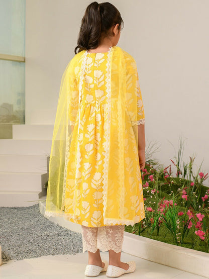 Buy Yellow Floral Printed Girls Kurta Set with Trousers & Dupatta - Pure Cotton | Indiaista