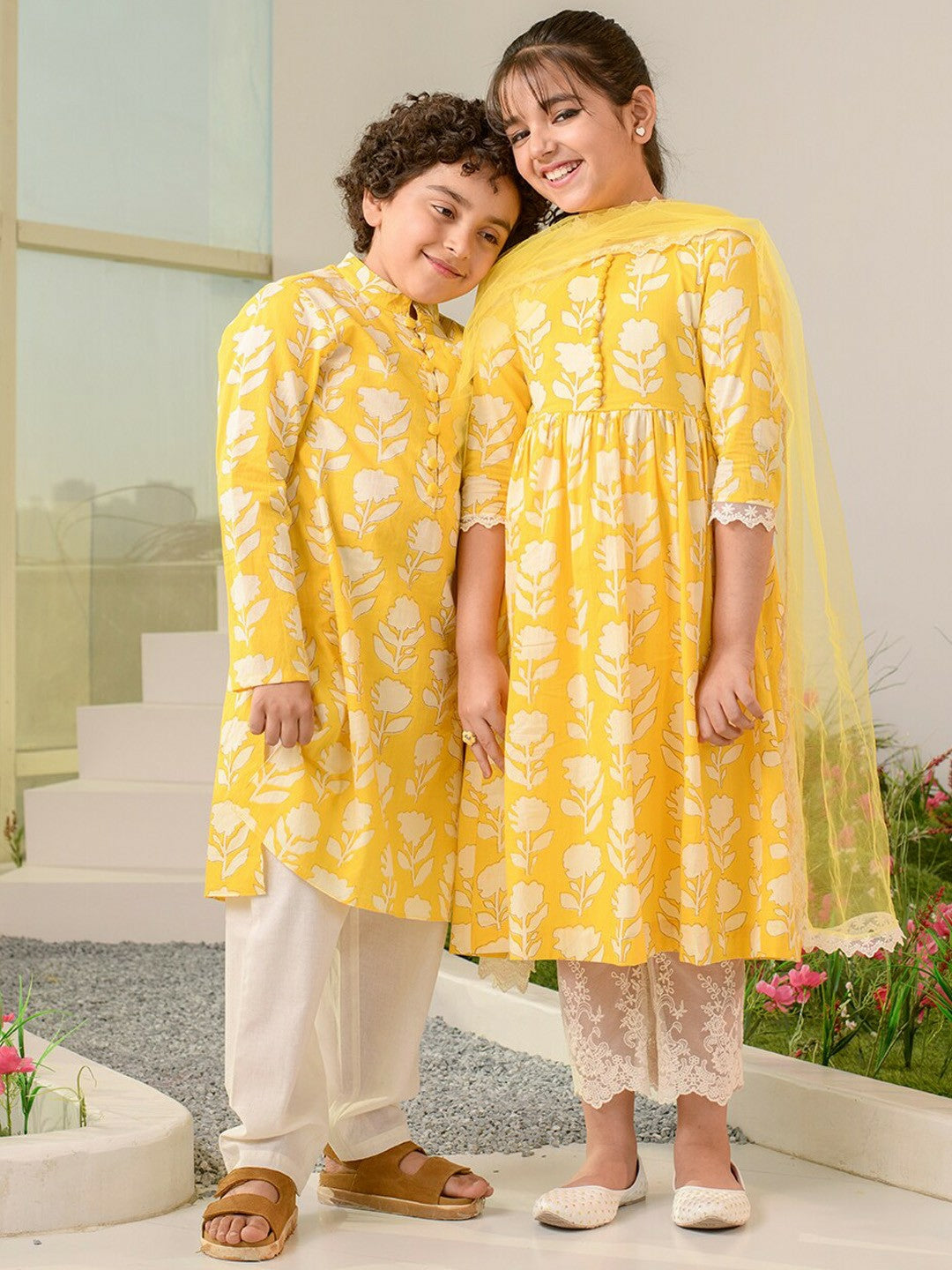 Buy Yellow Floral Printed Girls Kurta Set with Trousers & Dupatta - Pure Cotton | Indiaista