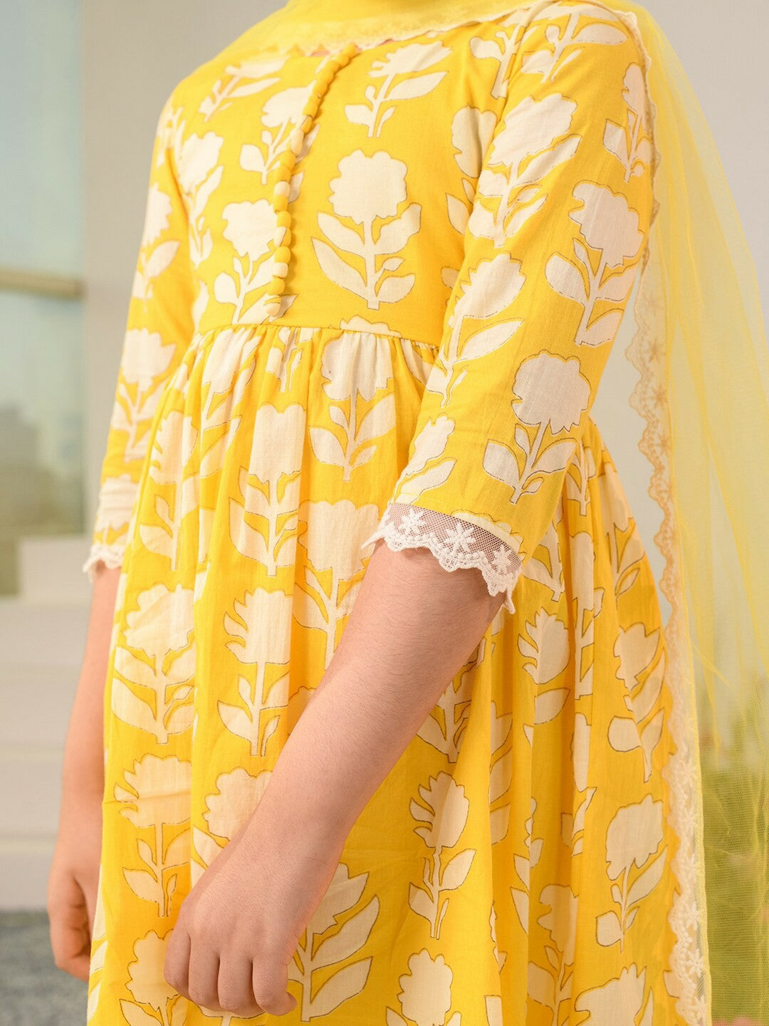 Buy Yellow Floral Printed Girls Kurta Set with Trousers & Dupatta - Pure Cotton | Indiaista