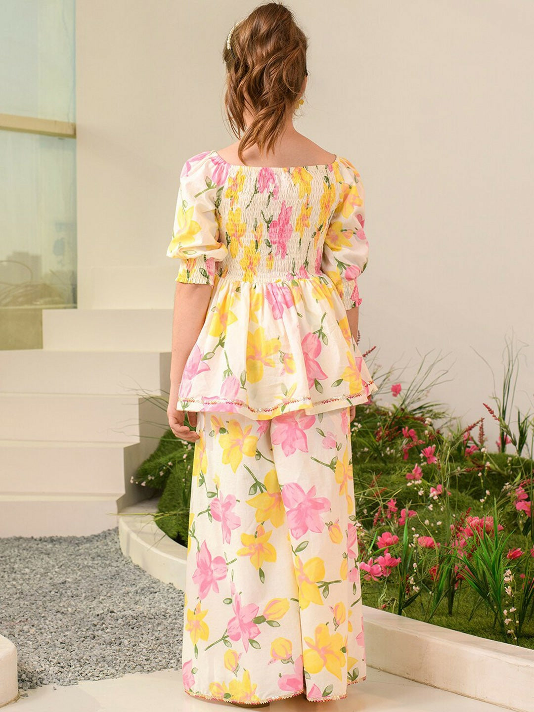 Buy White Floral Printed Kurta with Palazzos for Girls - Pure Cotton | Indiaista