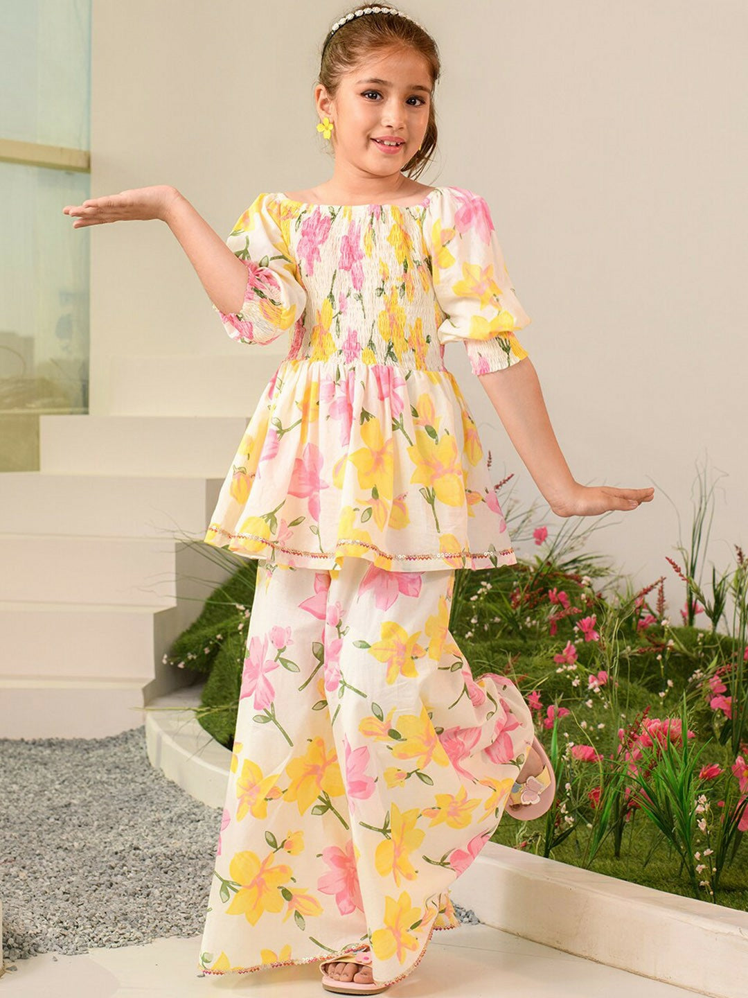 Buy White Floral Printed Kurta with Palazzos for Girls - Pure Cotton | Indiaista