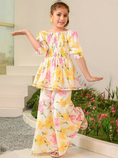 Buy White Floral Printed Kurta with Palazzos for Girls - Pure Cotton | Indiaista