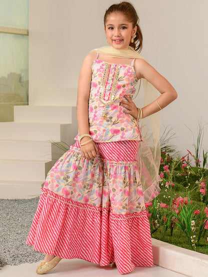 Buy Pink Floral Printed Cotton Kurta with Sharara & Dupatta for Girls – Indiaista