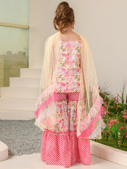 Buy Pink Floral Printed Cotton Kurta with Sharara & Dupatta for Girls – Indiaista