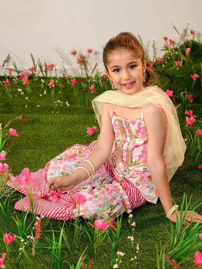 Buy Pink Floral Printed Cotton Kurta with Sharara & Dupatta for Girls – Indiaista