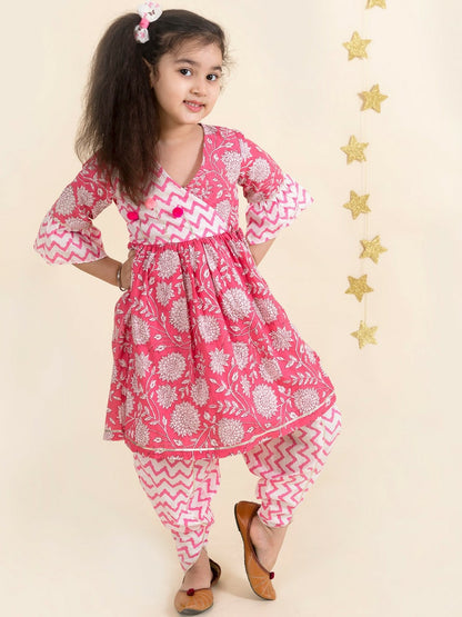 Buy Girls Pink Floral Striped Cotton Kurti with Patiala – Indiaista