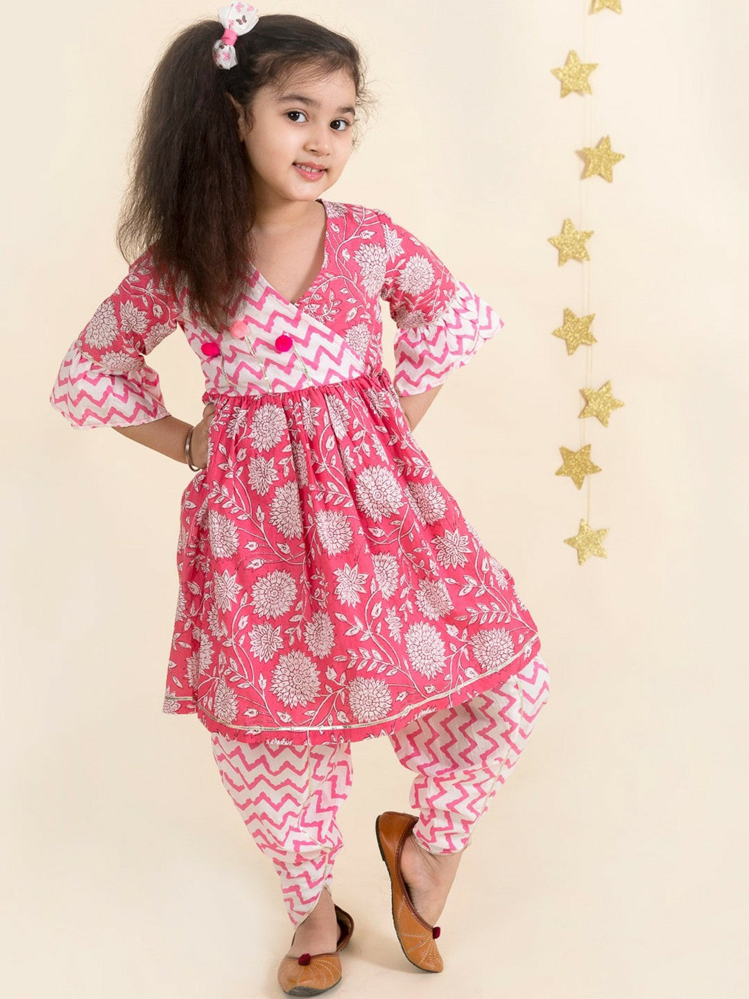 Buy Girls Pink Floral Striped Cotton Kurti with Patiala – Indiaista