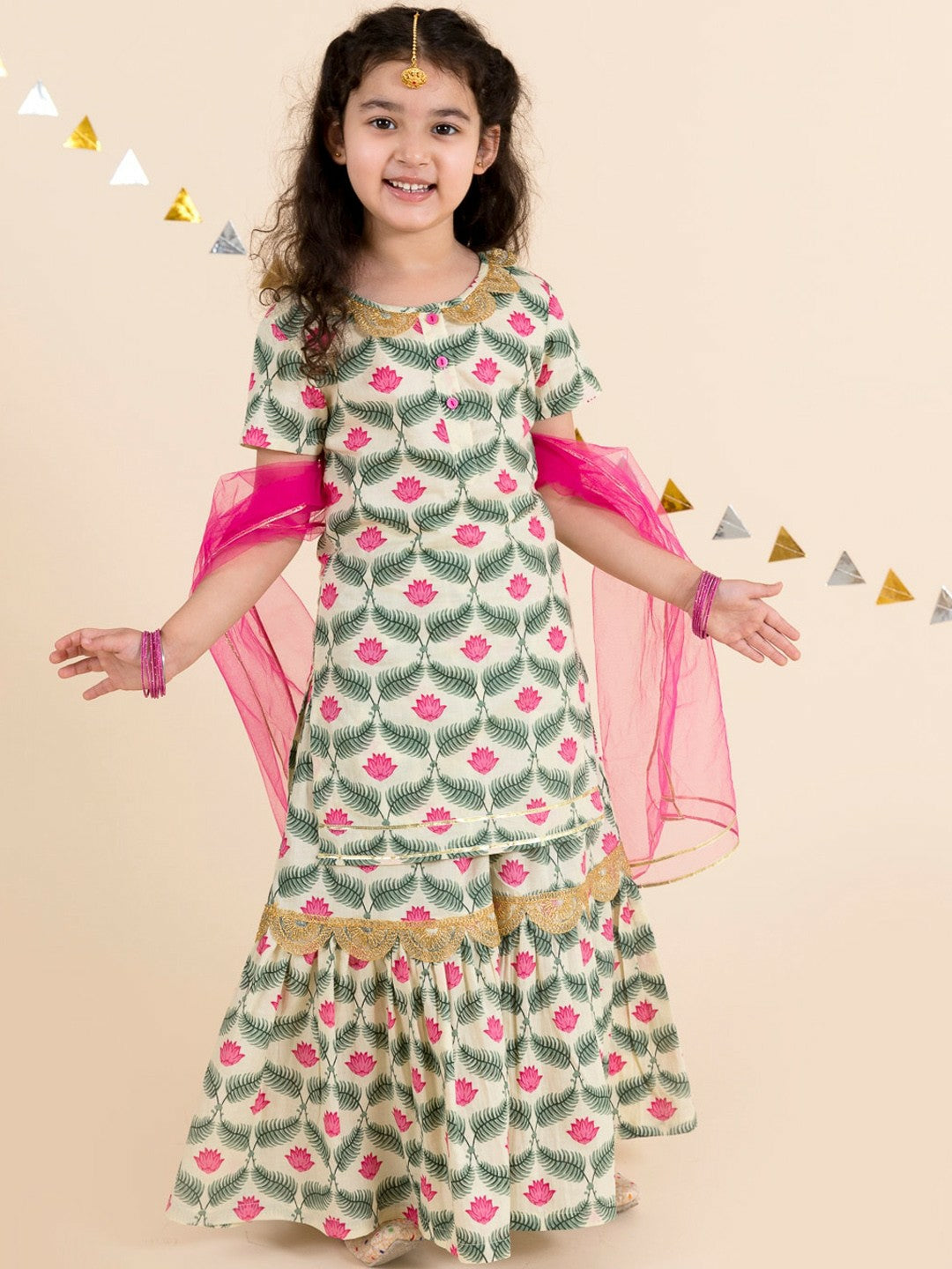 Buy Girls Off White Floral Yoke Design Kurti with Skirt & Dupatta | Pure Cotton | Indiaista