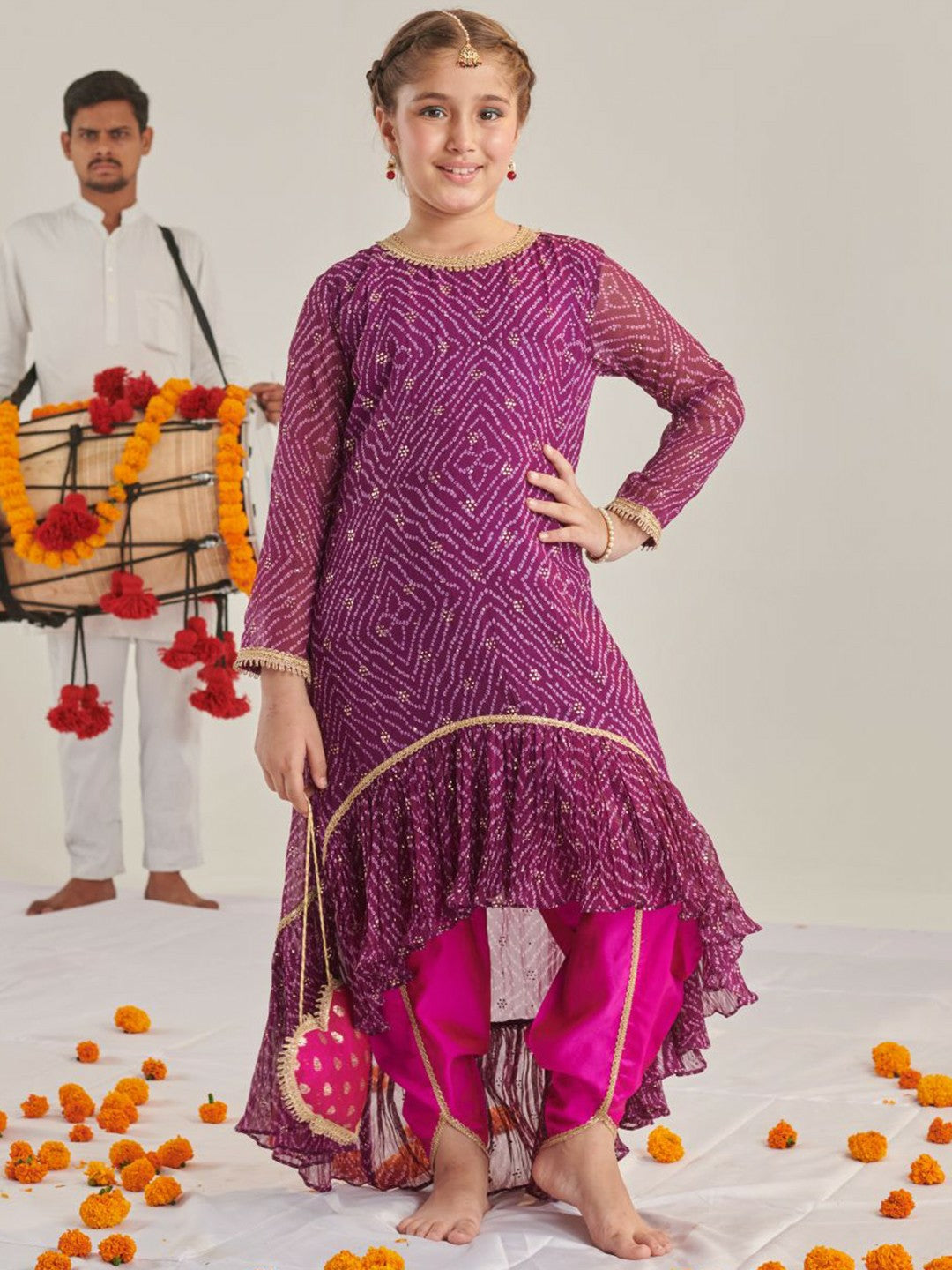 Buy Purple Bandhani Printed Kurti with Dhoti Pants for Girls | Indiaista