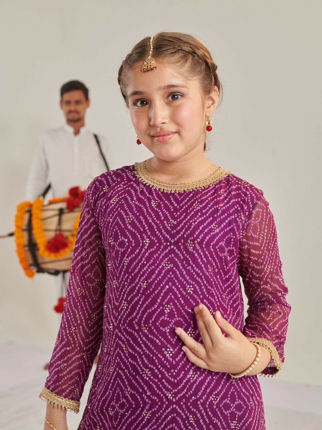 Buy Purple Bandhani Printed Kurti with Dhoti Pants for Girls | Indiaista