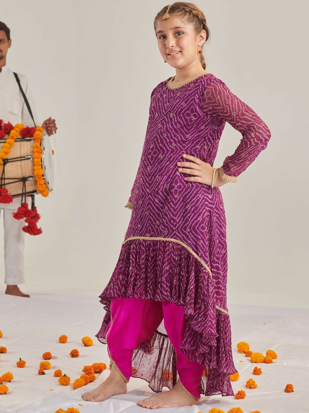 Buy Purple Bandhani Printed Kurti with Dhoti Pants for Girls | Indiaista