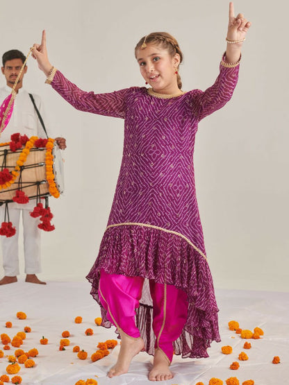 Buy Purple Bandhani Printed Kurti with Dhoti Pants for Girls | Indiaista